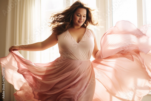 Attractive Plus-size woman wearing dress dancing, having fun moving and listening to music photo