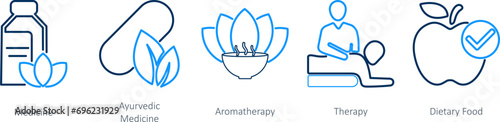 A set of 5 Mix icons as medicine, ayurvedic medicine, aromatherapy