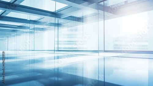 Modern blurred office space of a business building center. Glass wall with empty space. Blurred abstract light background for presentation and design. © Irina Sharnina
