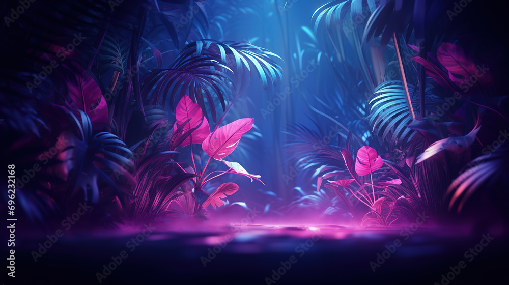 Tropical leaves glowing in neon pink and purple tones. - obrazy, fototapety, plakaty 