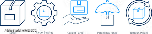 A set of 5 Mix icons as parcel, parcel setting, collect parcel