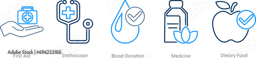 A set of 5 Mix icons as first aid, stethoscope, blood donation