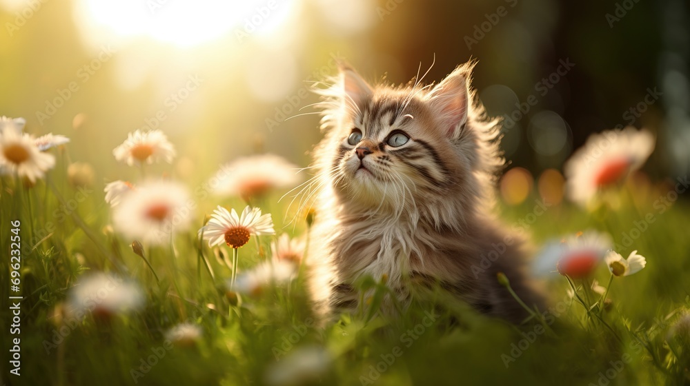 A small cute kitten in flowers plays on a green meadow. Spring background