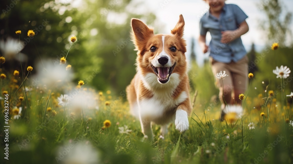 Portrait of a cheerful happy dog playing with its owner outdoors in the spring. Active family walks in nature in spring and summer Portrait of a cheerful happy dog playing with its owner outdoors in the spring. Active family walks in nature in spring and summer