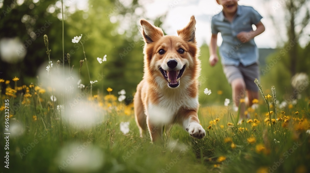 Portrait of a cheerful happy dog playing with its owner outdoors in the spring. Active family walks in nature in spring and summer