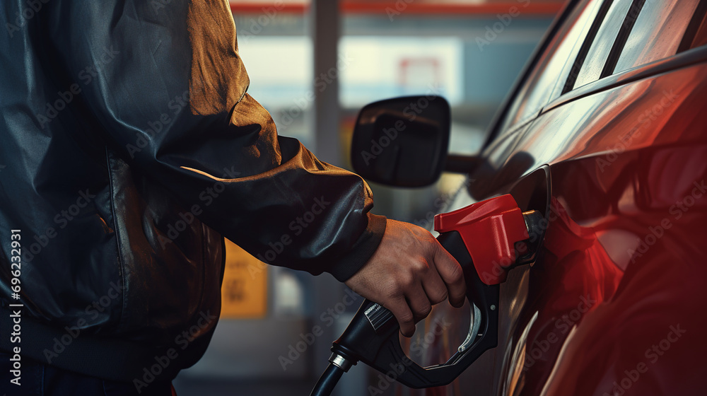Hand Man Refill and filling Oil Gas Fuel at station. Gun petrol in the tank to fill. Pumping gasoline fuel in car at gas station. Refueling automobile with gasoline or diesel with a fuel dispenser. - obrazy, fototapety, plakaty 
