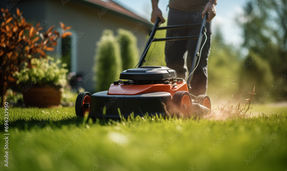 Fototapeta premium Gardener Trimming Grass Lawn Using Electric Cordless Mower.