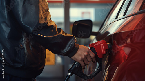 Hand Man Refill and filling Oil Gas Fuel at station. Gun petrol in the tank to fill. Pumping gasoline fuel in car at gas station. Refueling automobile with gasoline or diesel with a fuel dispenser. photo