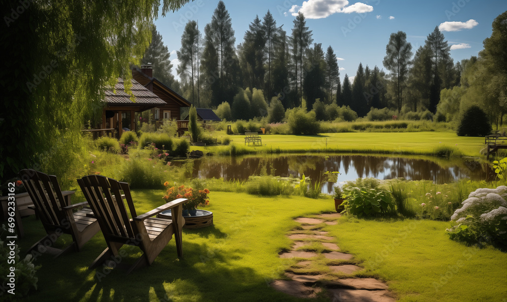 Summer garden view with forest on background. Country living far away from city.