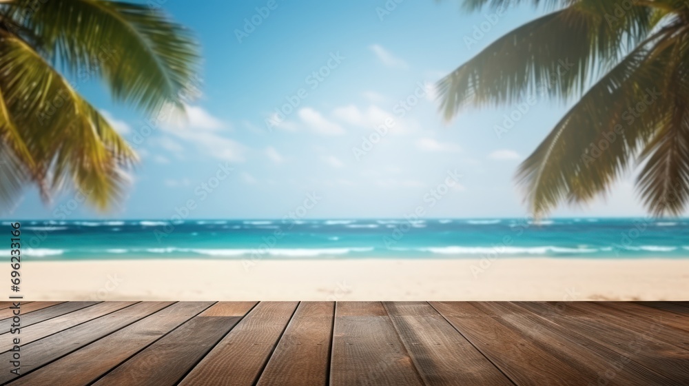 Dark wood floor top on blur tropical beach background, Advertisement, Print media, Illustration, Banner, for website, copy space, for word, template, presentation.