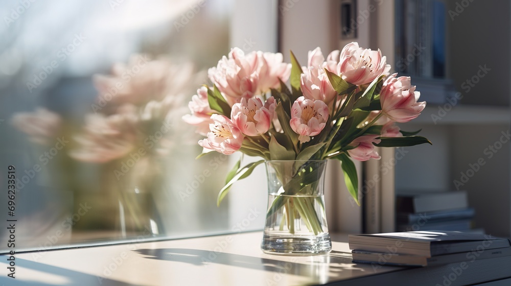 A beautiful bouquet of fresh spring flowers in a glass vase in the warm rays of the sun against the background of a window in a cozy home interior. Decorating the living room with blooming flowers - obrazy, fototapety, plakaty 