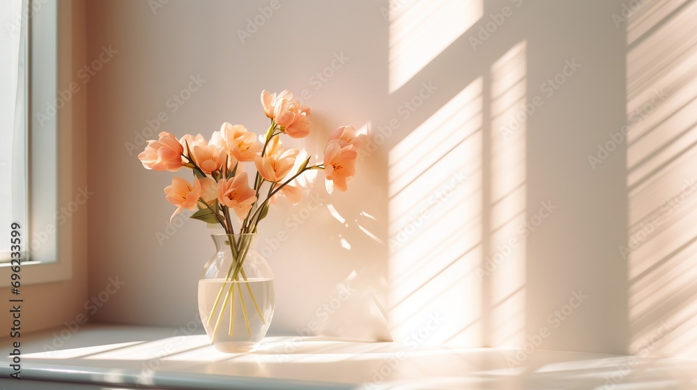 A beautiful bouquet of fresh spring flowers in a glass vase in the warm rays of the sun against the background of a window in a cozy home interior. Decorating the living room with blooming flowers A beautiful bouquet of fresh spring flowers in a glass vase in the warm rays of the sun against the background of a window in a cozy home interior. Decorating the living room with blooming flowers