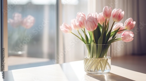 A beautiful bouquet of fresh spring flowers in a glass vase in the warm rays of the sun against the background of a window in a cozy home interior. Decorating the living room with blooming flowers © Irina Sharnina