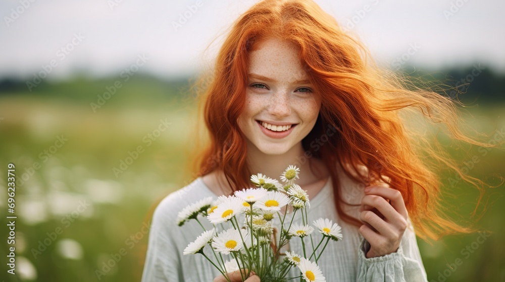 Close-up portrait of a beautiful red-haired girl in a simple dress standing on a spring summer field with a bouquet of chamomile. Tenderness of a woman.