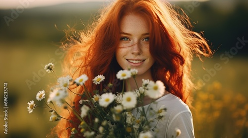 Close-up portrait of a beautiful red-haired girl in a simple dress standing on a spring summer field with a bouquet of chamomile. Tenderness of a woman. © Irina Sharnina