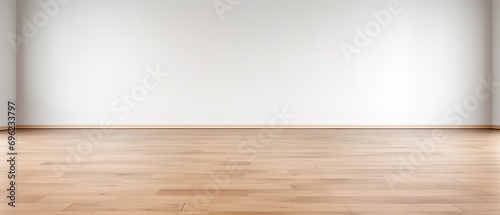Modern empty room with wooden floor and large white plain wall photo