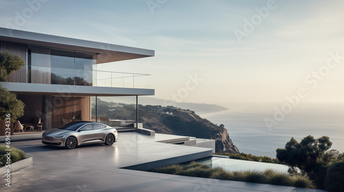 Luxury generic electric car parked outside modern villa house © Elaine