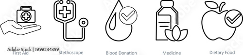 A set of 5 Mix icons as first aid, stethoscope, blood donation