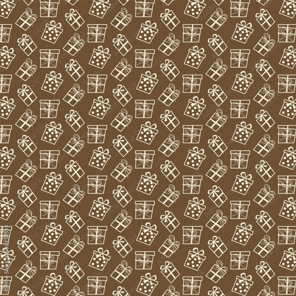Seamless pattern with gift boxes on brown background. Wrapping paper.