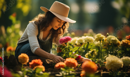 Woman farmer working in a flowers garden.