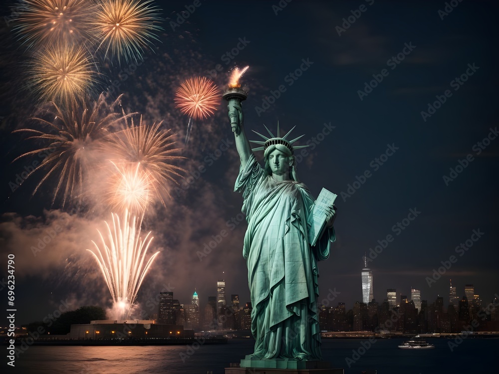 Fototapeta premium Statue of Liberty with night time with firewore celebration