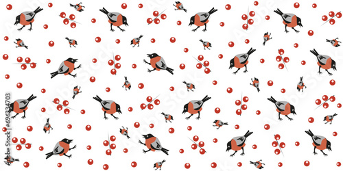 Seamless pattern with Bullfinches Design Christmas Wrapping paper in trendy retro style. Winter wallpaper with birds. Vector illustration can used textile, fabric, bed linen and t-shirt print.