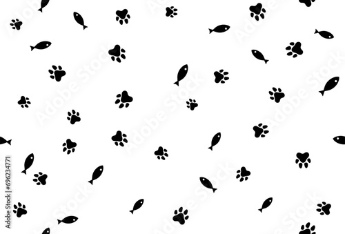 Silhouette Bone And Fish And Cat Or Dog Paw  Pattern Background. Wallpaper. Vector Illustration. Backdrop. Digital Banner © Wasin