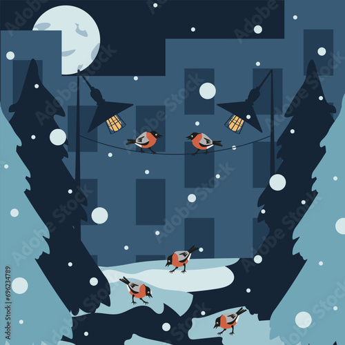 Winter clip art with Bullfinches on wire. Design Christmas card cover in trendy retro style. Winter landscape with birds. Vector illustration can used children books paint and t-shirt print.