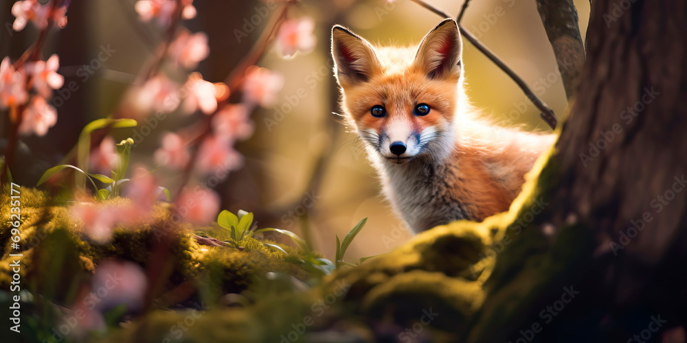 Background of a spring forest where a fox explores the world around him in search of prey. Generative AI