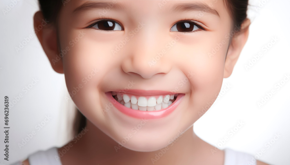 Obraz premium Smiling Asian little girl with perfect white teeth and long brown hair on white background. Children's dental banner with space for text