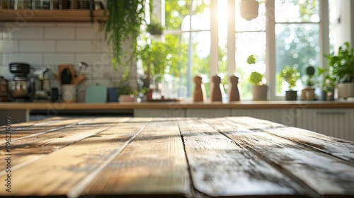 Warm Sunlight Bathing a Modern Kitchen Interior with Rustic Wooden Tabletop