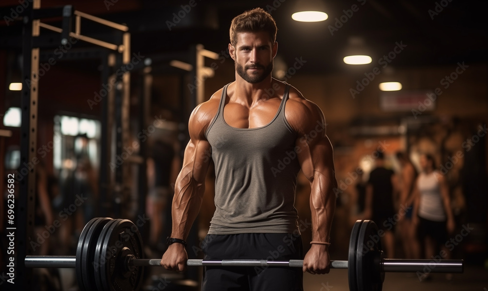 Man with barbell in gym. Man with barbell in gym.