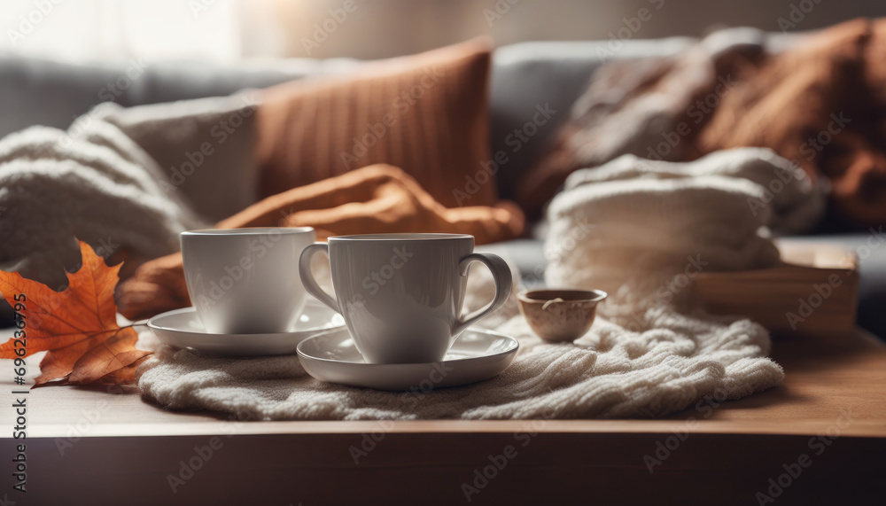 Cozy Morning Bliss Still Life in a Home Living Room with Sweaters, Tea, and Sunlit Comfort Cozy Morning Bliss Still Life in a Home Living Room with Sweaters, Tea, and Sunlit Comfort