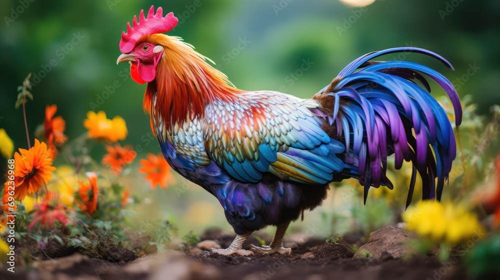 Colorful Rooster Gracefully Captured Against a Picturesque Field Backdrop