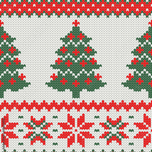Knitting Christmas tree and snow ornament. Seamless pattern. Vector illustration.