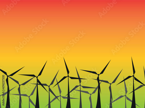 Green energy resource  vector illustration. Rotation windmills, wind turbines against the sky.  Power generation concept.