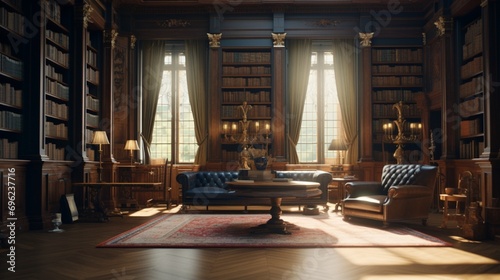 A classic library with rich, heavy curtains that evoke a sense of tradition and timelessness, enhancing the room's refined and scholarly aesthetic. photo