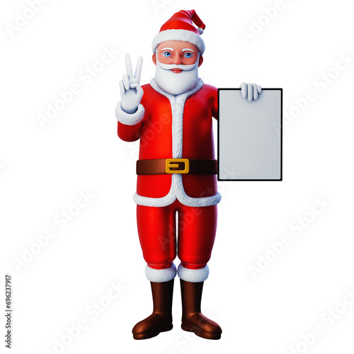 3D character of santa claus showing peace hand gesture with white vertical tablet , Merry Christmas and Happy New Year, 3d illustration and rendering