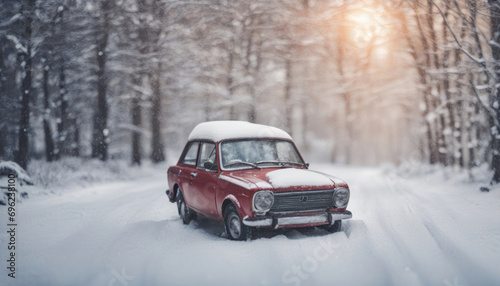 Vintage Charm Amidst Snowy Peaks Old Red Car in a Winter Wonderland