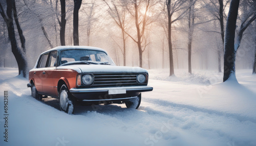 Vintage Charm Amidst Snowy Peaks Old Red Car in a Winter Wonderland