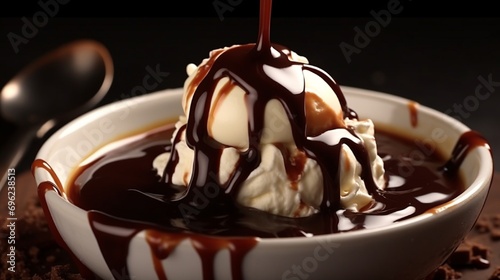 A dynamic shot capturing the moment of pouring hot fudge sauce over a scoop of vanilla ice cream, creating a deliciously indulgent dessert.