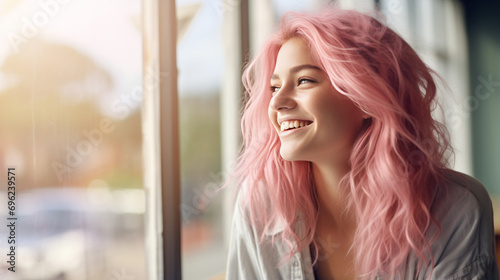 Beautiful young woman with pink hair drinking coffee and looking through window