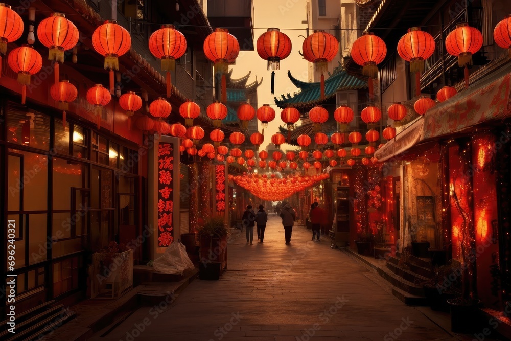 Chinese New Year 2024 festival decorations greeting card with Golden fireworks background. Traditional Chinese lanterns in night street market. Couple walking in Chinese night market. - obrazy, fototapety, plakaty 