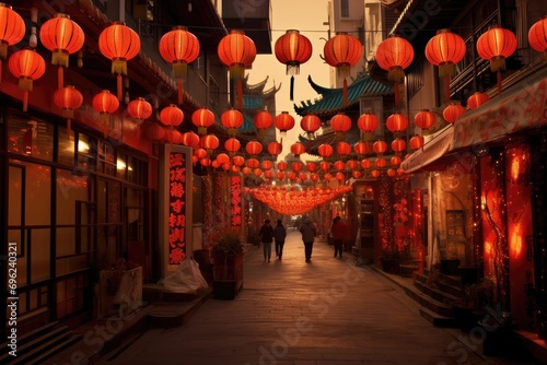 Chinese New Year 2024 festival decorations greeting card with Golden fireworks background. Traditional Chinese lanterns in night street market. Couple walking in Chinese night market.