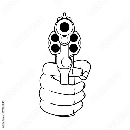 Hand holding gun at you line art vector isolated
