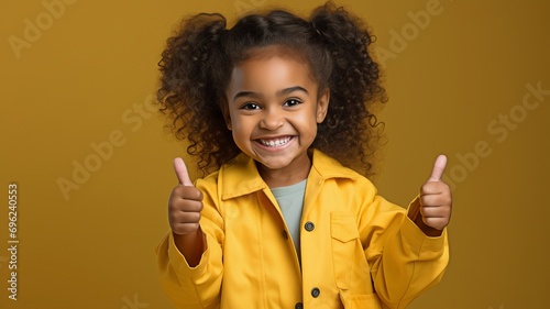 Adorable Black girl dressed in a scrub suit as a doctor. Imagine your future career. High five. Yellow rear.
