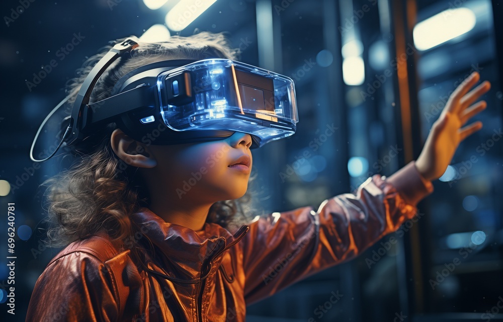 A contented young girl using a virtual reality headset touches a screen. Idea of cutting-edge technology.. A contented young girl using a virtual reality headset touches a screen. Idea of cutting-edge technology..