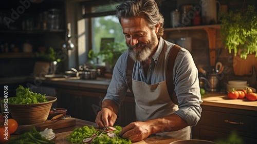 A dashing man is in the kitchen making dinner. A middle-aged  handsome man cooks meat in the kitchen. A man in the kitchen cooking a meal.