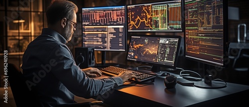 Observing charts and data analysis on many computer displays, the male stock trader trades online..