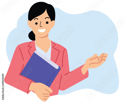 teacher holding book in classroom or businesswoman in a suit explaining something
